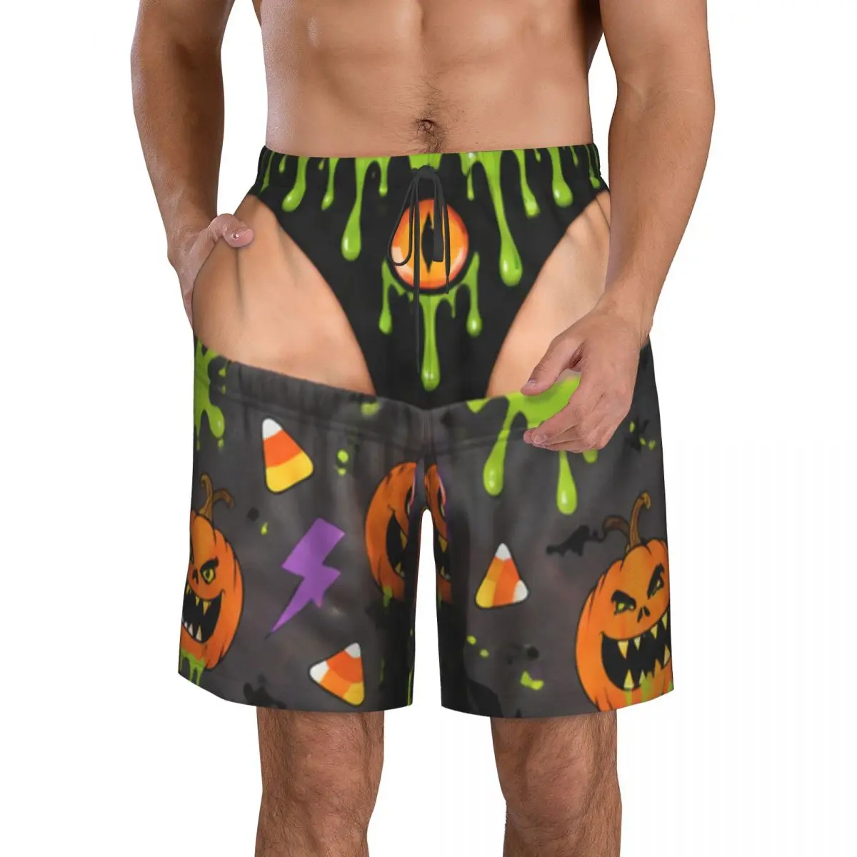 Men's Funny Sexy Halloween Spider Web Spooky Zombie Pumpkin Swim Trunks Hawaiian Bathing Mesh Lining Suit Swimsuits Beach Shorts