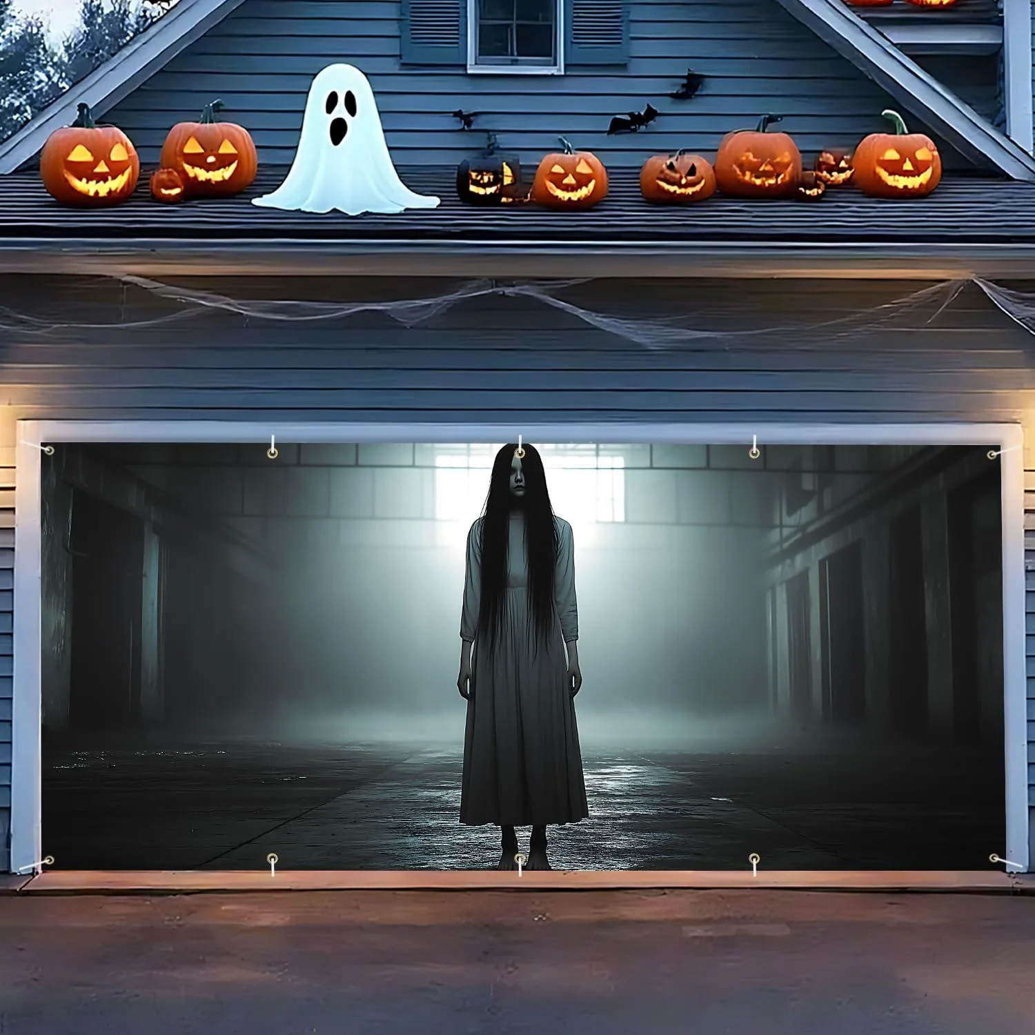 Halloween Garagentor-Banner Gruselige Geisterfrau Kulisse Gruselige Outdoor-Gartenzaun-Dekoration Spukhaus Horror-Party Hintergrund
