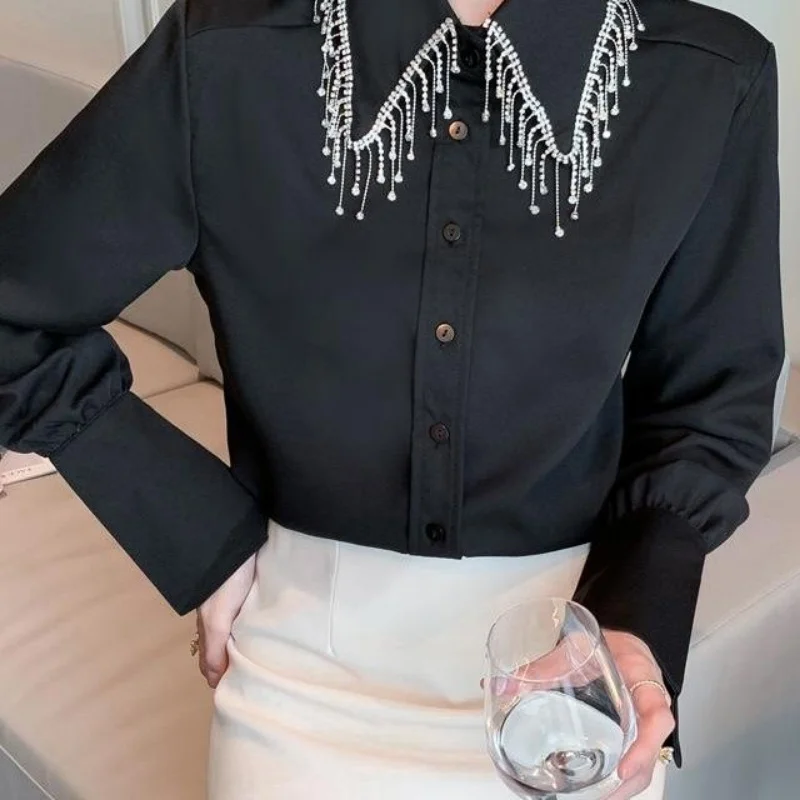 Women\'s Korean Luxury Tassel Diamonds Button Shirt Office Lady Elegant Chic Business Casual Blouse Black White Long Sleeve Tops