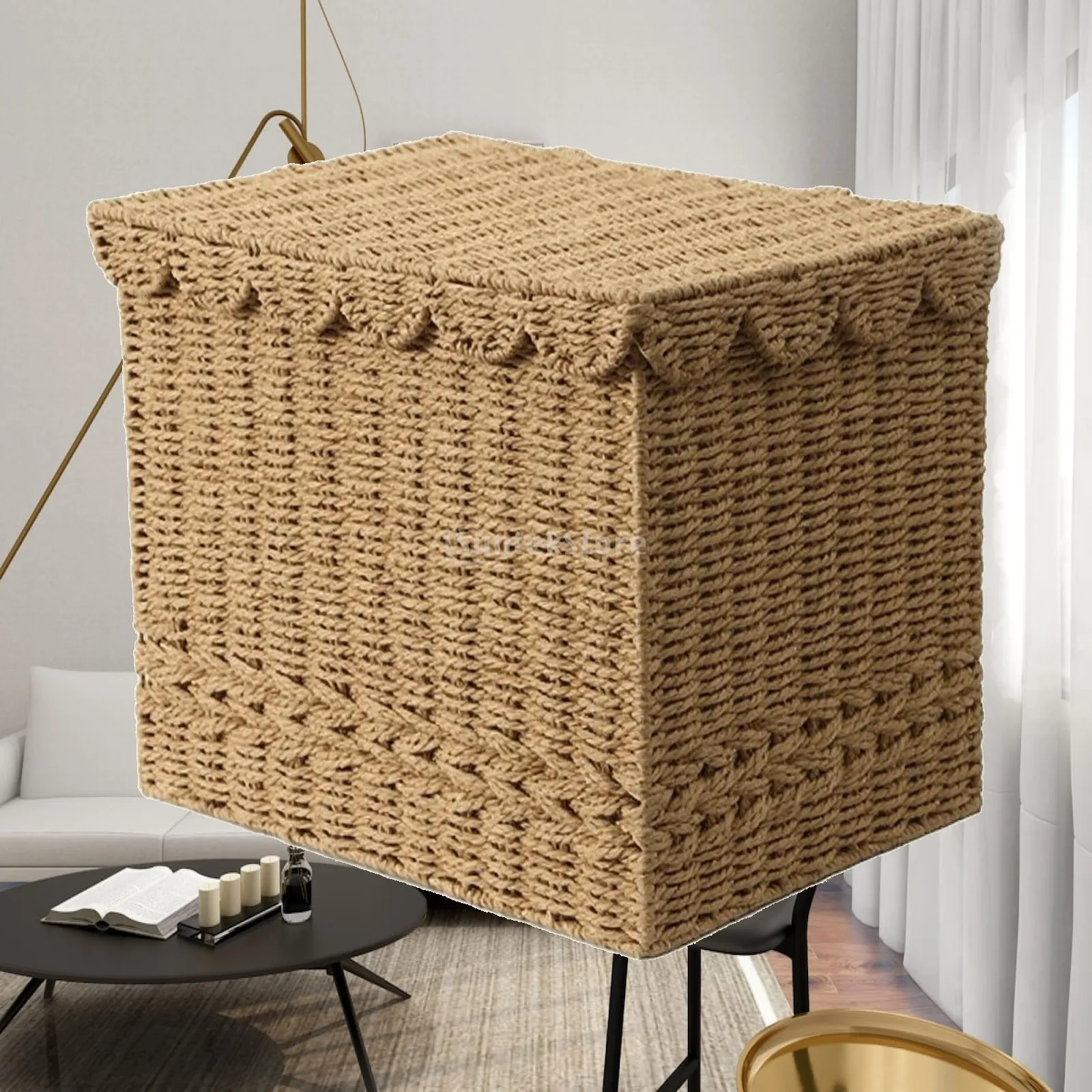 Storage Basket Square with Lid Braided Rope Construction Cotton Liner for Toy and Clothes Organization