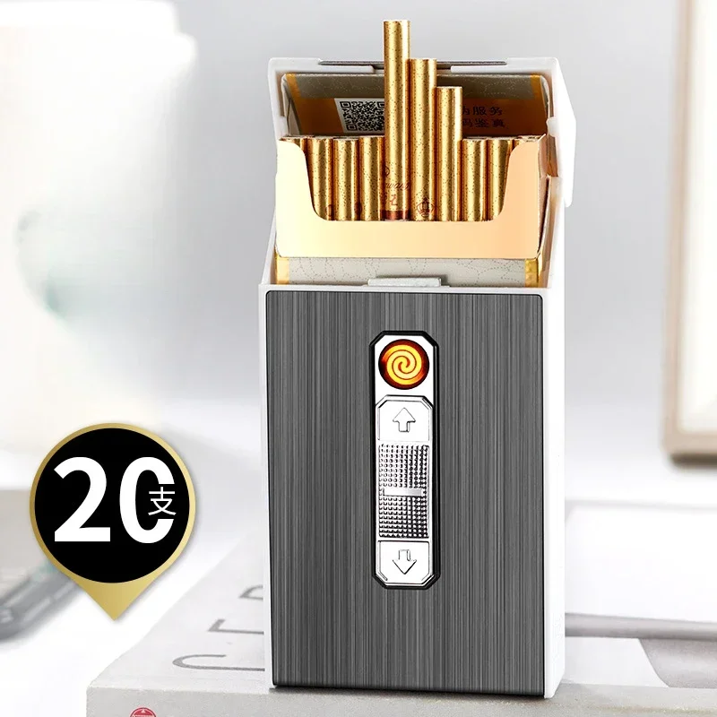 Thin Cigarette with Luminous USB Cigarette Lighter, 20 Cigarettes, Integrated Lighter Cigarette Case, Easy To Carry