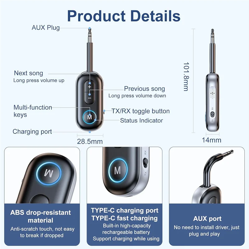 【CLEARANCE】Bluetooth Transmitter Receiver, Bluetooth 5.4 Adapter, 2 In 1 Wireless Bluetooth 3.5Mm Aux Audio Transmitter Receiver