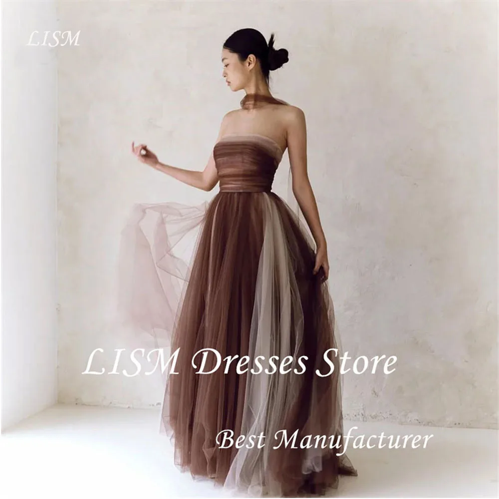 

LISM Contrast Color Korea A Line Evening Dresses Strapless Pleat Tulle Brown Wedding Party Dress Formal Photos Shoot Customized