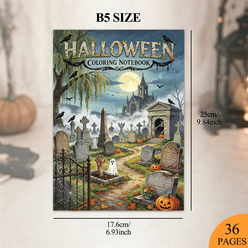 Halloween Spooky Cute Graveyard Coloring Book, Pumpkin & Ghost Illustrations, Horror Cute Coloring Pages for Adults Relaxation A
