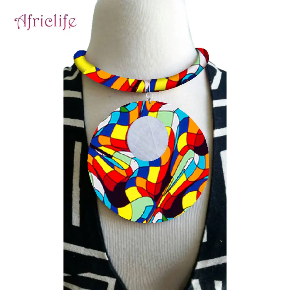 Fashion African Print Drop Necklace Ankara Print Necklace with Big Pendant African Handmade Fabric Jewellery for Women SP075