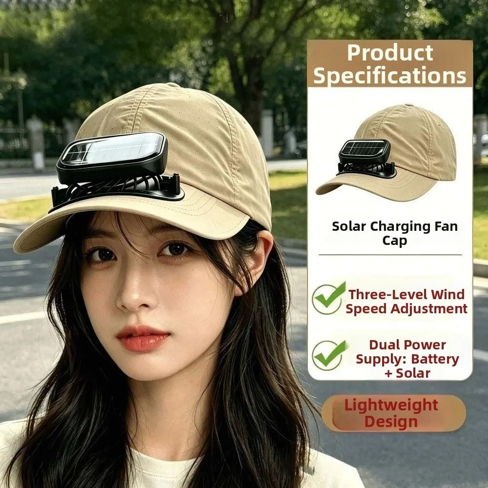 

Portable Solar Powered Fan Baseball Cap Solid Color Long-lasting Rechargeable Fan Hat Lightweight Adjustable for 3.7V/300mAh