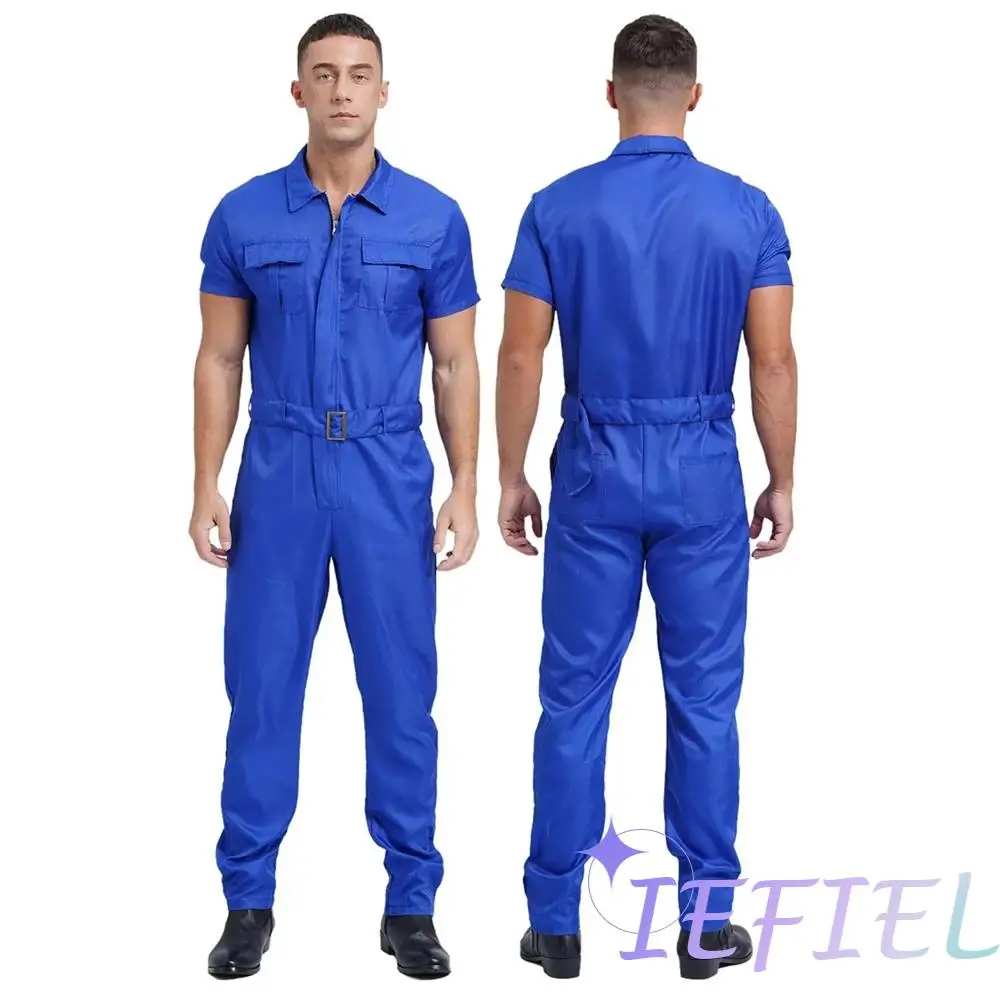 Men Work Uniforms Overalls Dungarees One Piece Mechanics Workwear Lightweight Jumpsuits Short Sleeve Suits with Multiple Pockets