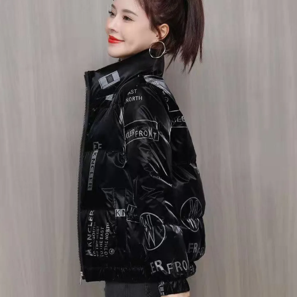 Women's 2024 Autumn Winter New Korean Fashion Tops Short Printed Stand Collar Warm Cotton Coat Trendy Cropped Jacket For Women