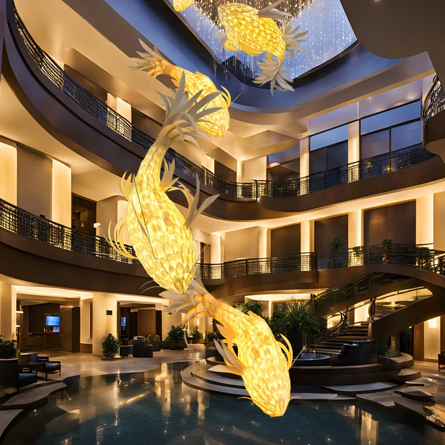 Designer fish-shaped chandeliers, Japanese sushi restaurant atmosphere