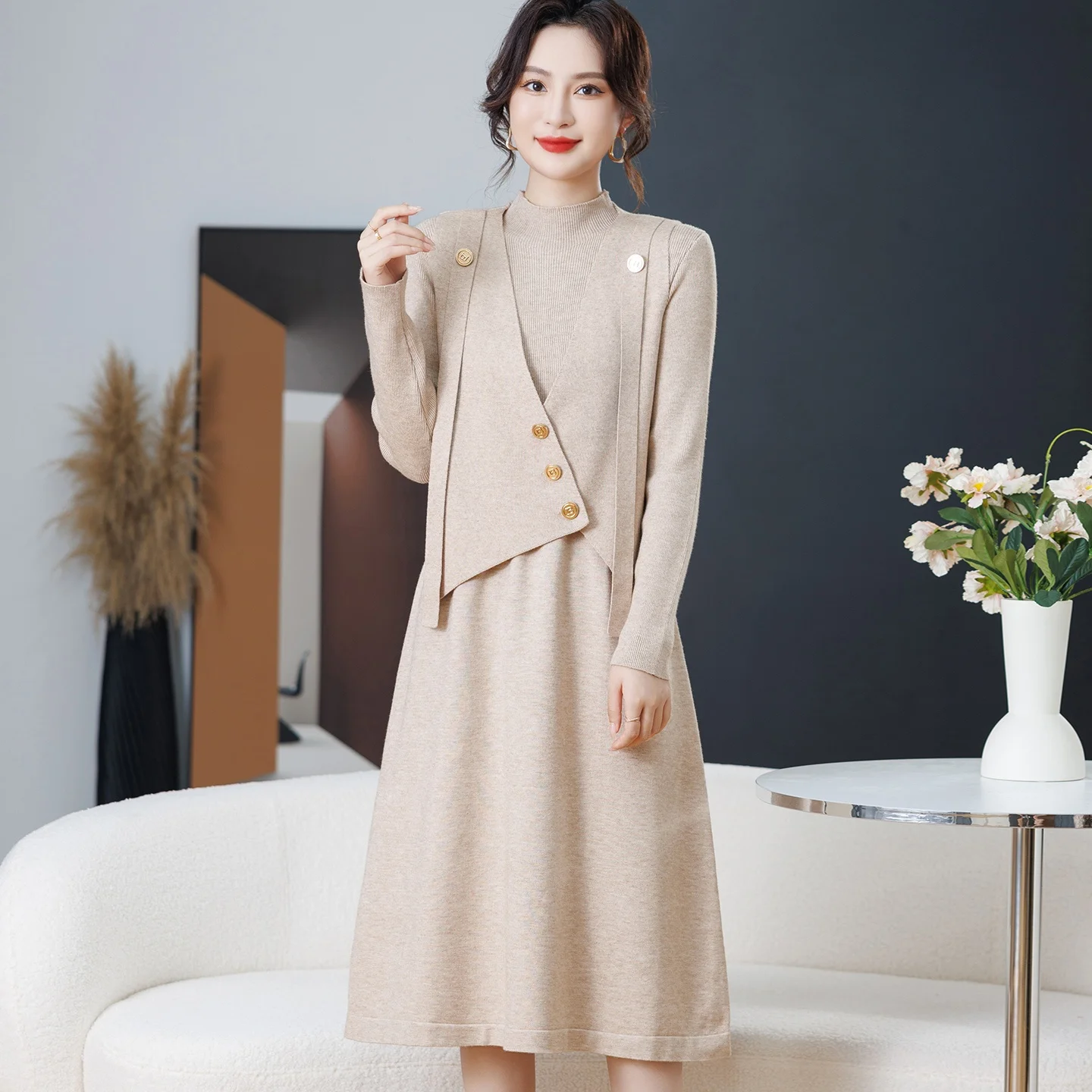 

Ele Knitted Dr Set for Mom Winter Faionable Base Layer Skirt Middle-Aged Women Autumn Winter Warm Polyester Fiber