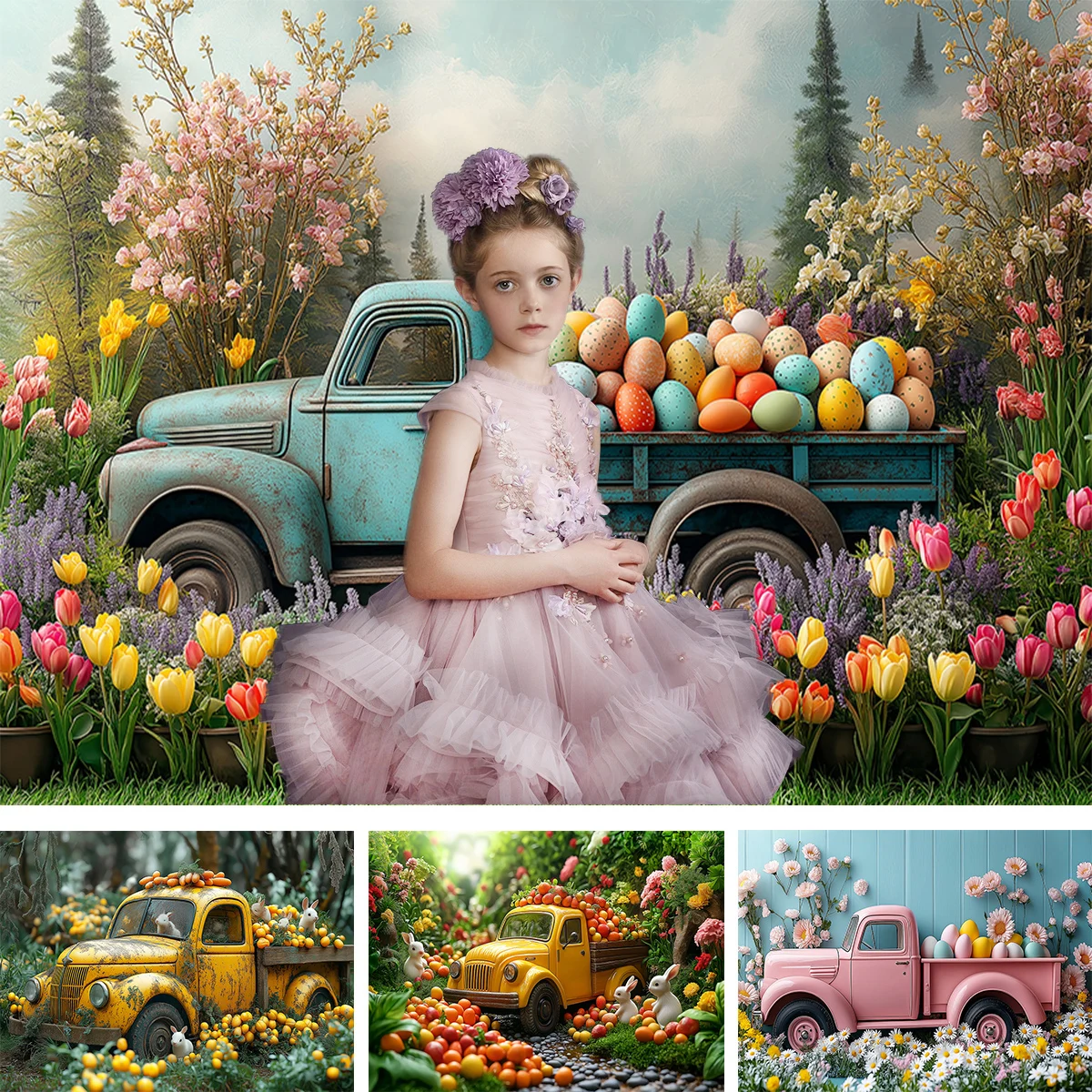 Easter Eggs Truck Carrots Backdrops Kids Baby Photography Birthday Cake Smash Props Child Bunny Jungle Backgrounds