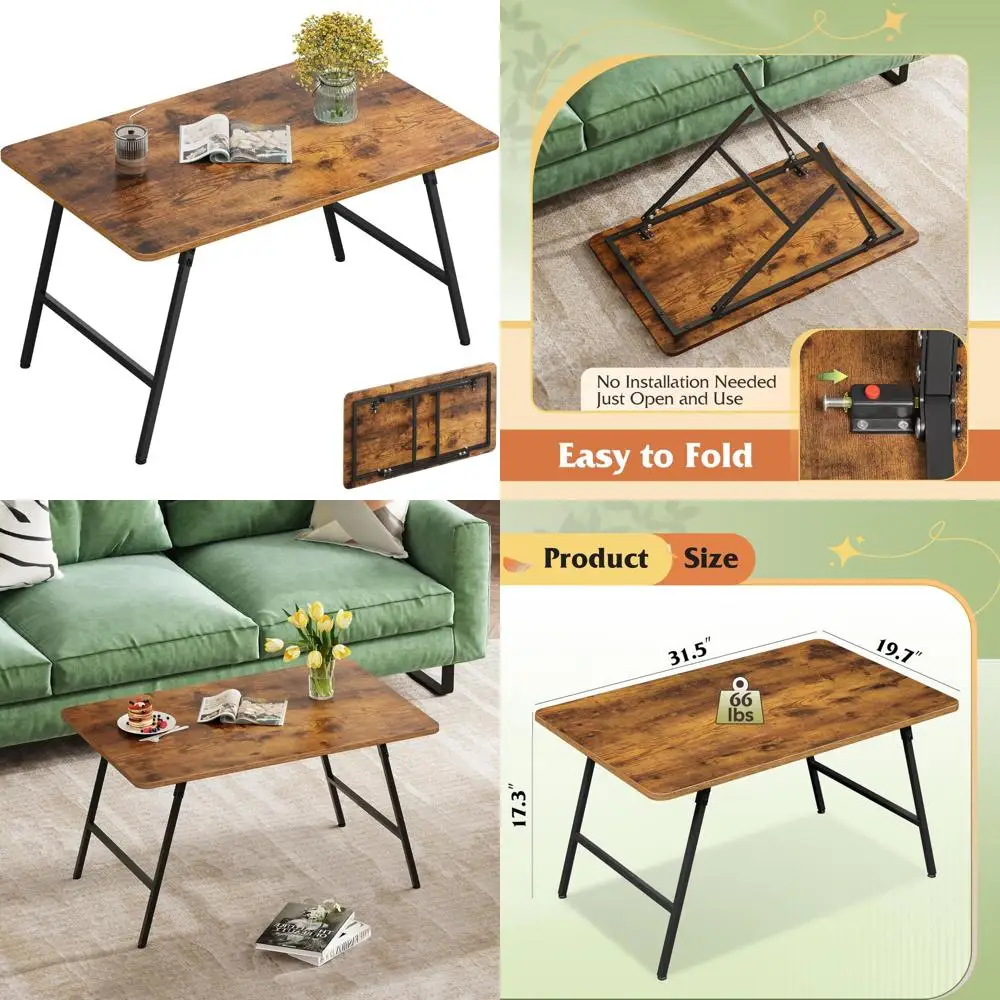 WLIVE Folding Coffee Table, Modern Portable Small Coffee Table with No Assembly Needed for Living Room, Home, Small Space, Rusti