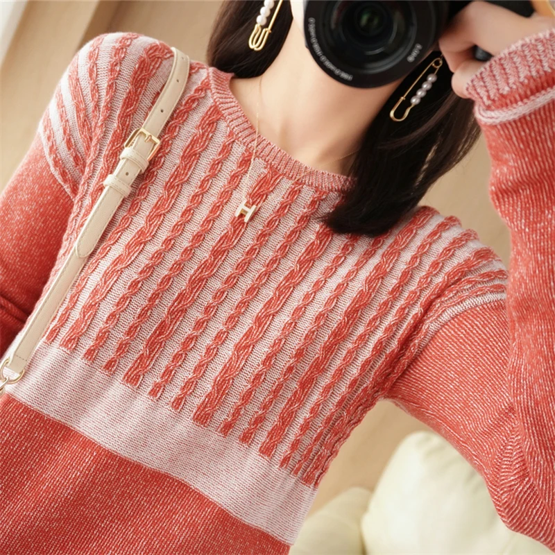 Hot Sale New Autumn Winter 100% Pure Cotton Sweater Women O-neck Pullover Contrast Vertical Stripe Loose Casual Knit Base Tops