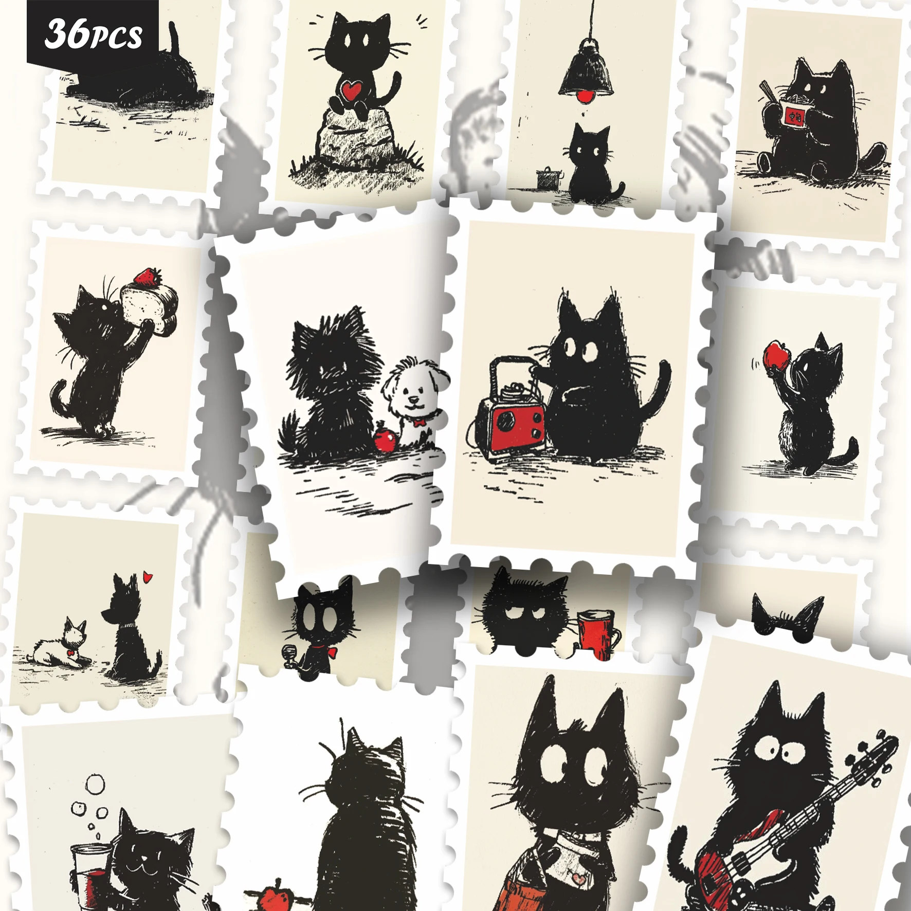 36PCS Cute Black Cat Stickers, Vintage Sketch Style Feline Daily Life Aesthetic Cutout Sticker Set for Journals, Planners & Deco