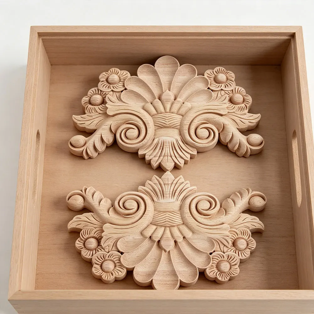 Vintage Wood Carved Corner Onlay Applique Unpainted Furniture Decorative Statues Wooden Sculptures House Antique Home Decor