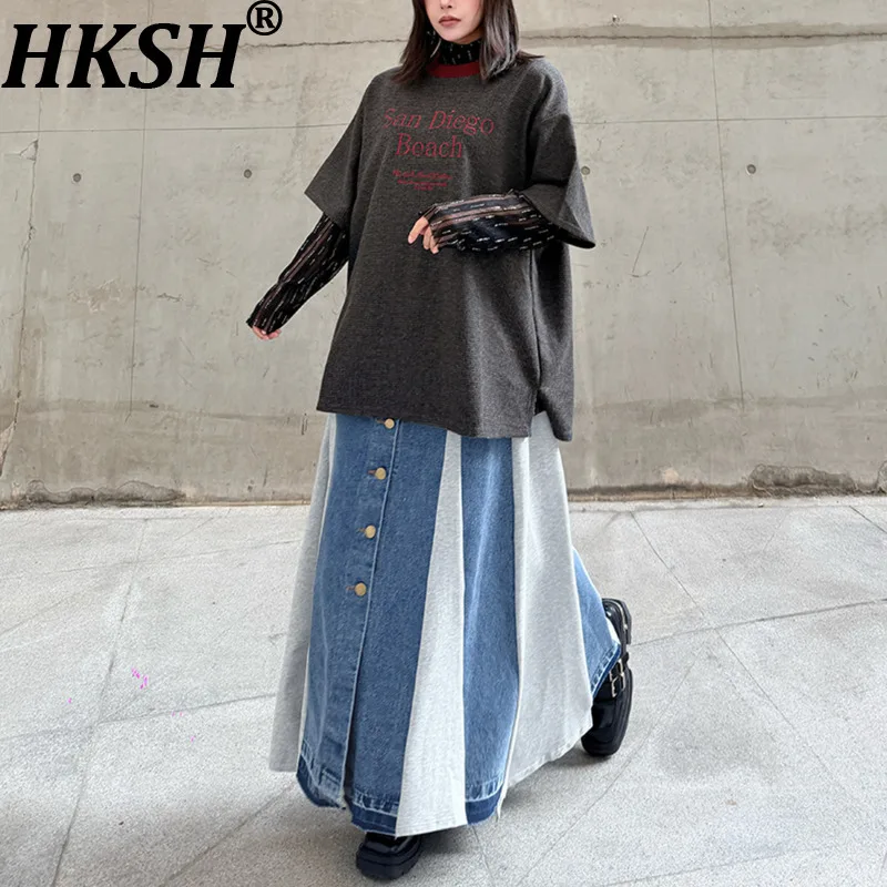 HKSH 2026 Spring Autumn New Women Set Letter Embroidery Short Sleeves Knitted Top Buttoned Color Block Denim Skirt Trend HK18780