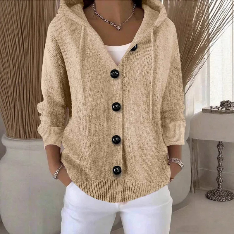 Women's Knit Hooded Cardigan, V-Neck Button Down Sweater Coat with Drawstring, Casual Lightweight Jacket