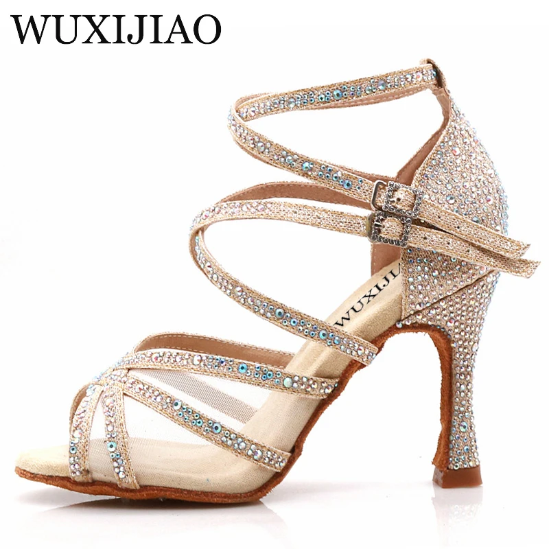 WUXIJIAO Dance Shoes Latin Woman Salsa Silk Satin Dancing Shoes Glitter Rhinestone Professional Dance Shoes Ballroom Soft Bottom