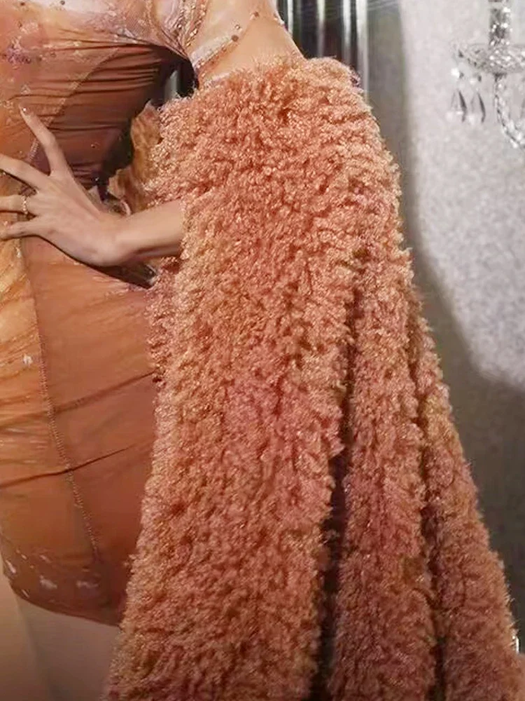 Luxurious Women Short Dress Evening Dress Singer Performance Stage Wear Flashing Plush Sleeves Rhinestones  Drag Queen Costume