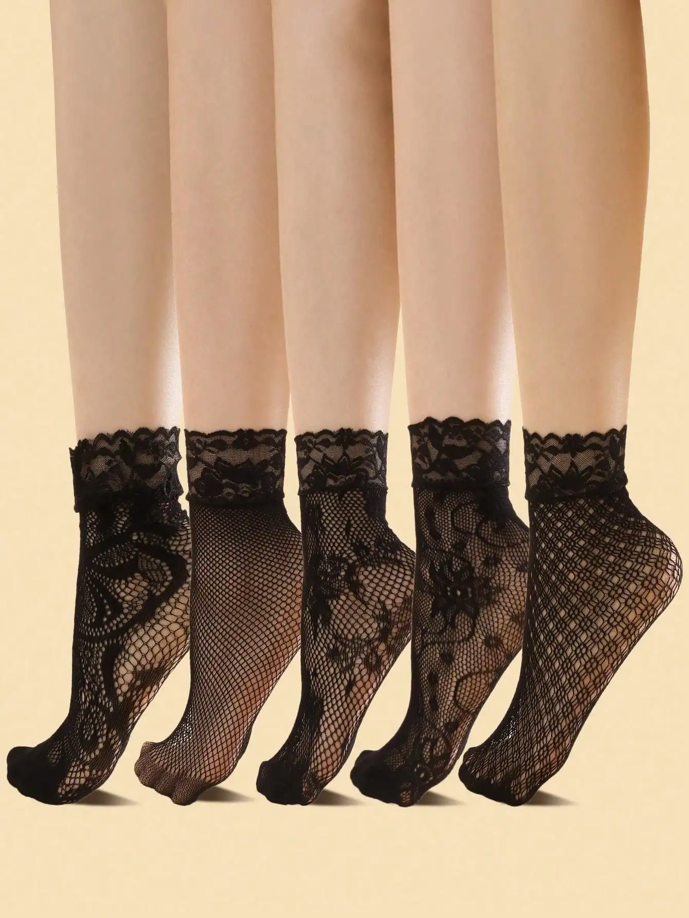 

5 пар женских кружевных носков-сеток до щиколотки, прозрачная сетка с цветочным узором для повседневной носки и модного образа