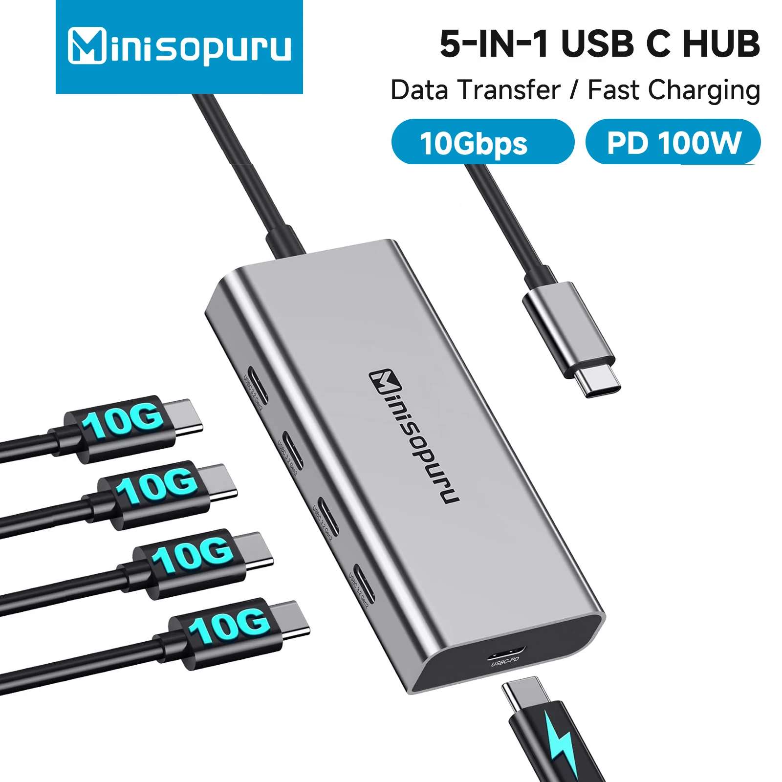 

Minisopuru USB C Hub 10 Гбит/с USB Type-C 3.2 Hub с адаптером порта быстрой зарядки PD 100 Вт для Macbook Pro iMac Аксессуары для ПК