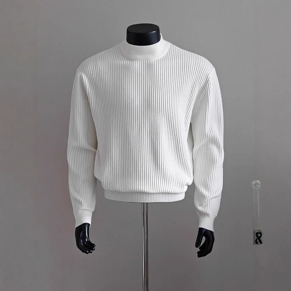 Man Base Layer 2026 Spring Men's Clean Fit Half High Collar Sweater White Ribbed Stripe Regular Shoulder Lazy Knitwear Pullover