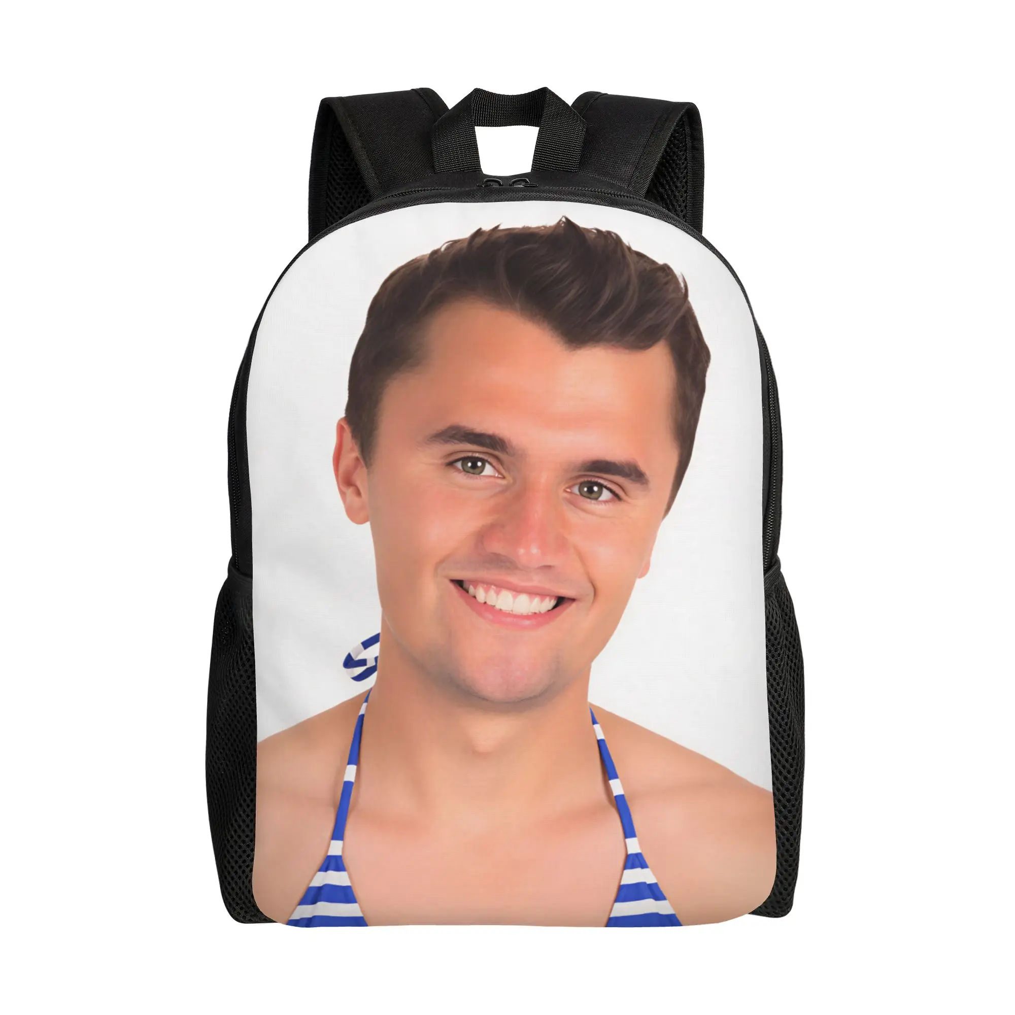 Blue White Striped Bikini Charlie Kirk Backpack  College Backpacks Unisex Kawaii School Bags Custom Large Rucksack