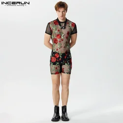 INCERUN 2024 American Style Sexy Styklish New Men Jumpsuits See-through Thin O-Neck Flower Printing Short Sleeve Bodysuits S-3XL