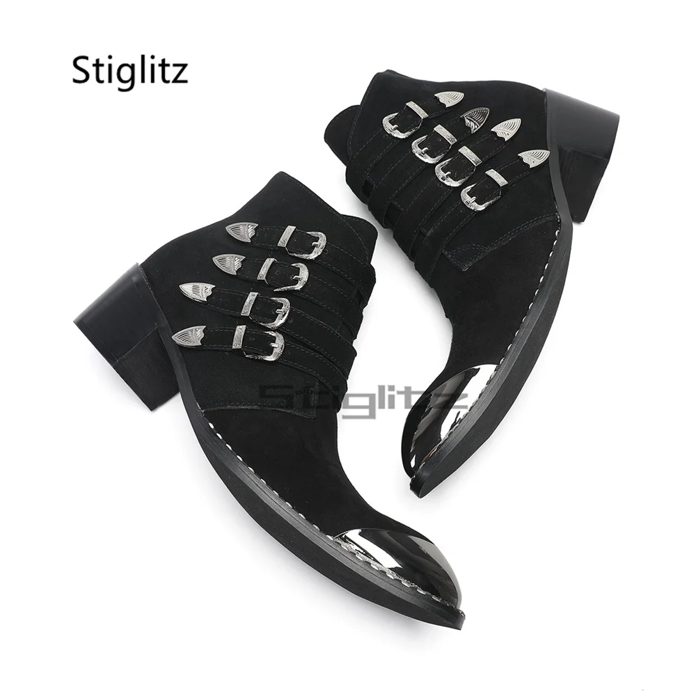 Botas Chelsea de Ante con Múltiples Hebillas para Hombre, Tacón Alto, Puntera Metálica, Cremallera Lateral, Botines Vaqueros Negros, Zapatos de Vestir para Negocios