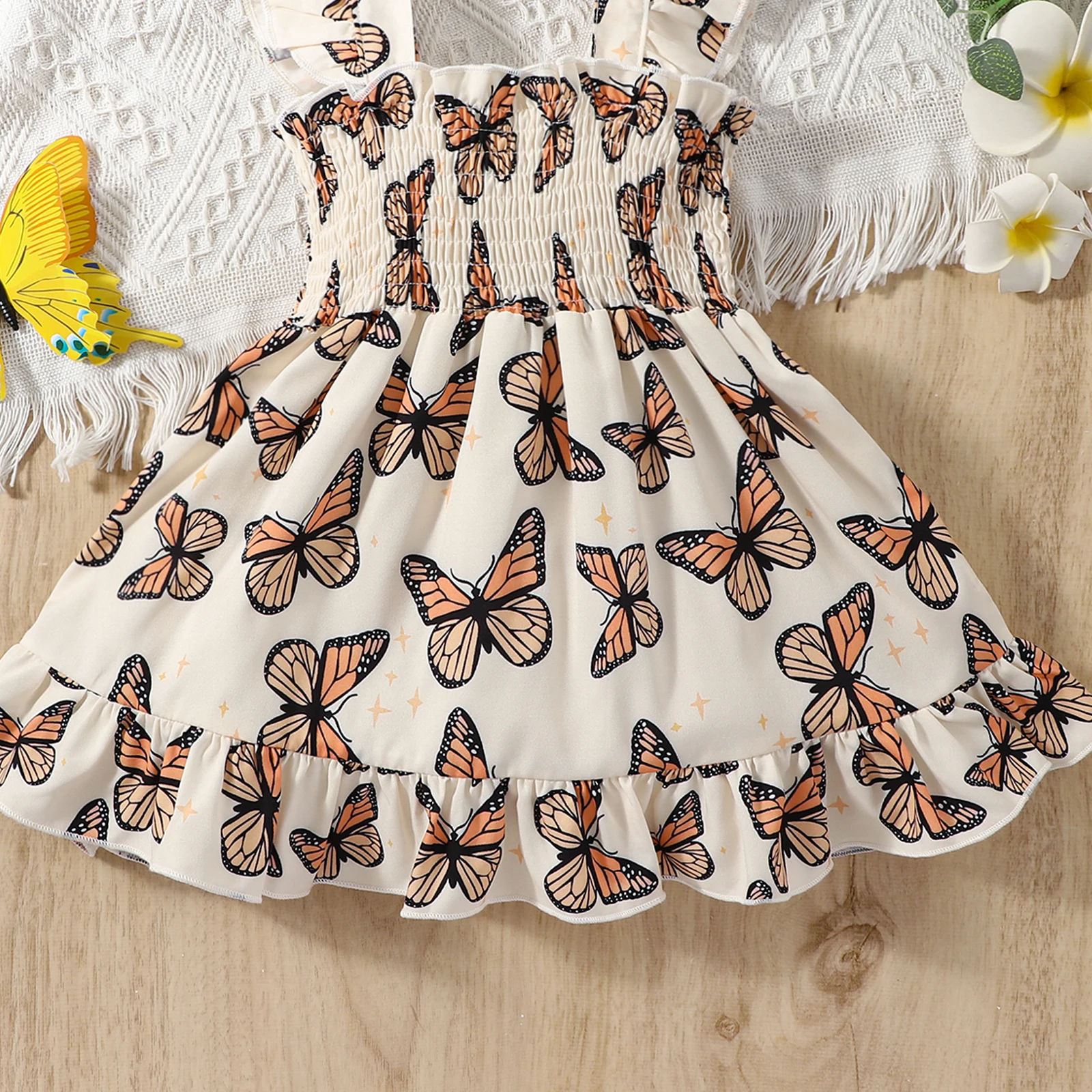 Summer-Ready: Adorable Butterfly Print Dress & Bow Headband Set for Baby Girls