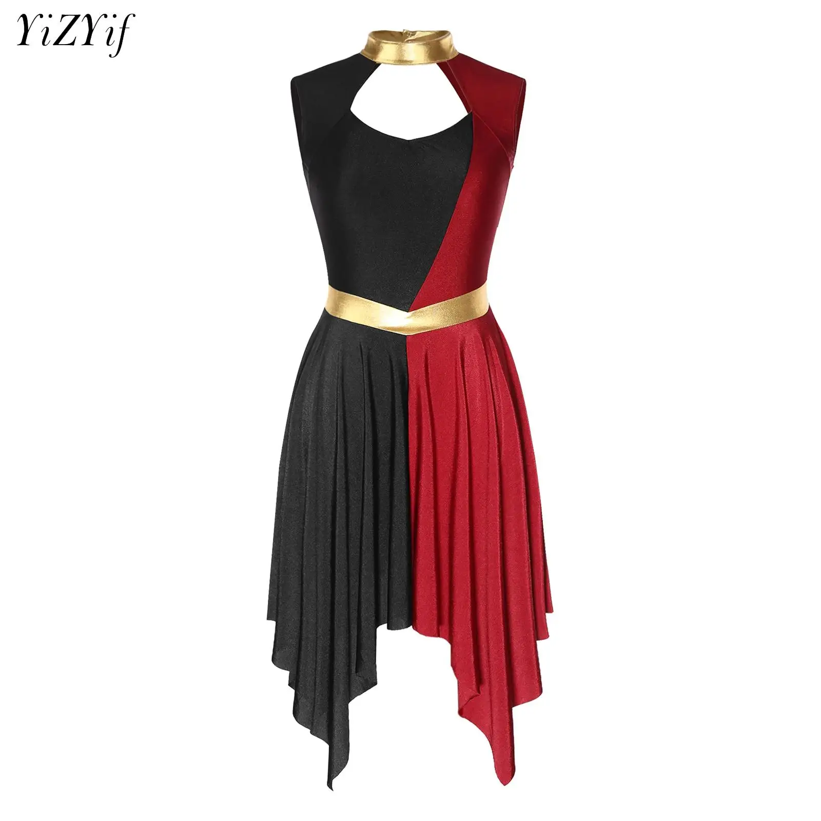 

Womens Color Block Ballroom Lyrical Dance Dress Sleeveless Irregular Hem Dresses Church Worship Choir Stage Performance Costume