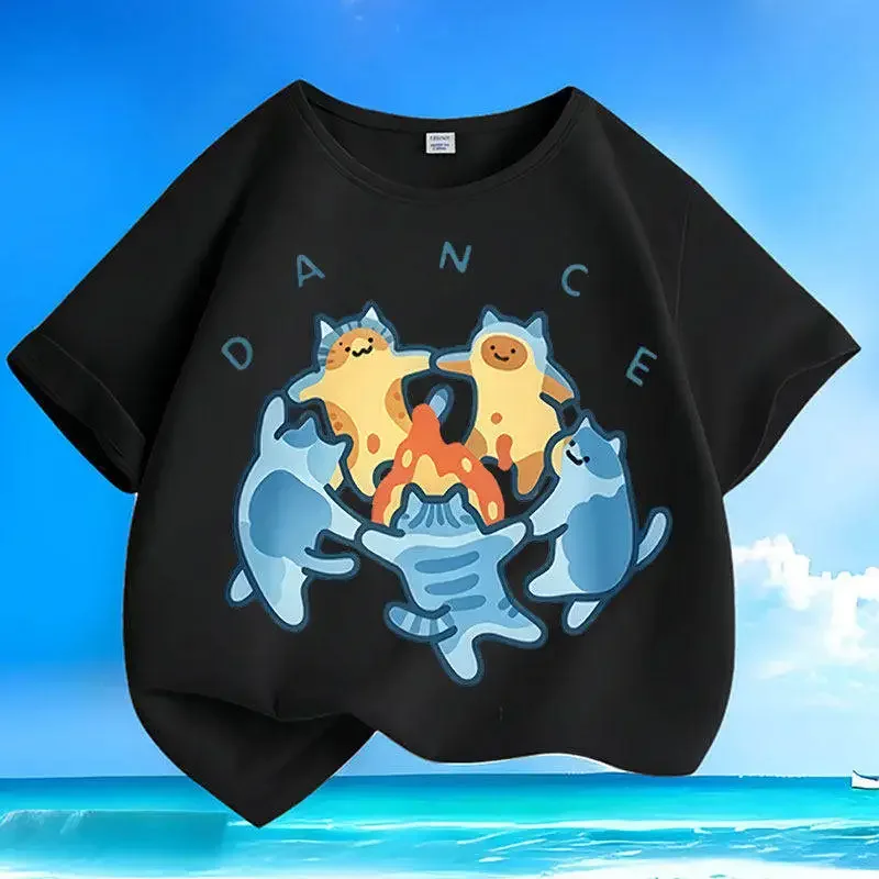 Summer Cotton Cartoon Bonfire Cat Short Sleeve round Neck Casual T-Shirt for Boys And Girls Parent-Child Sizes Small to Medium