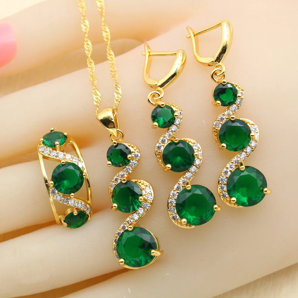 WPAITKYS Green Stones Gold Color Jewelry Sets For Women Party Bracelet Long Earrings Necklace Pendant Rings Free Gift Box