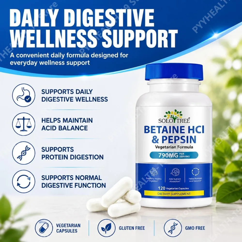 SOLO TREE Betaine HCl Pepsin Capsules 790mg Vegetarian For Digestive Acid Balance & Nutrient Absorption Support Adult 120 Count