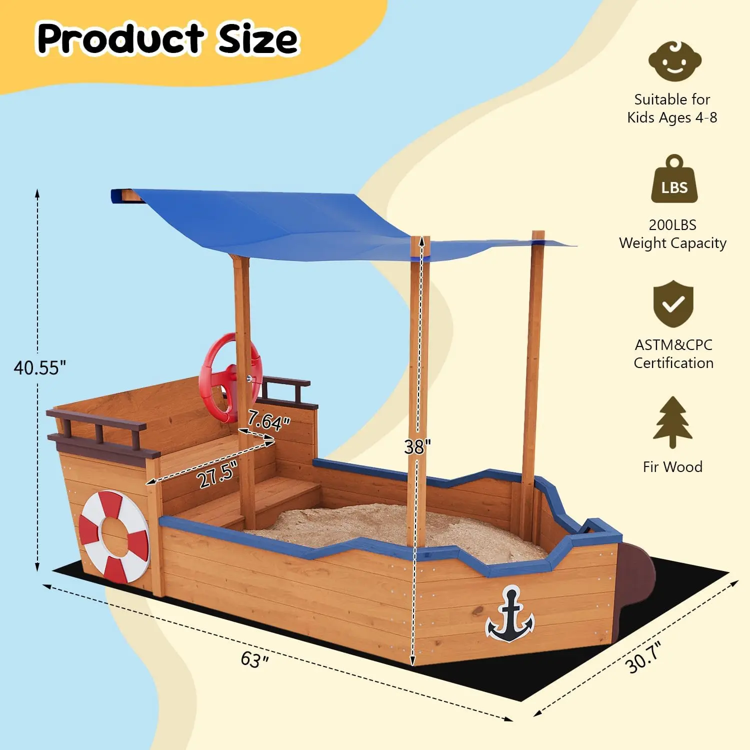 Arenero de Barco Pirata grande con cubierta, caja de arena de madera con dosel, timón, asiento y espacio de almacenamiento oculto, conjunto de juegos para patio trasero al aire libre