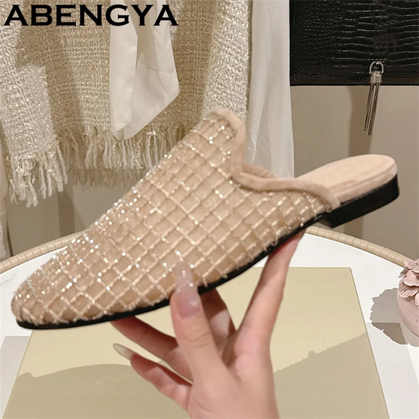 Shiny Lace Mesh Round Toe Flat Slippers for Women Bling Bling Low Heels loafers Shoes Summer Casual Fashion Walk Shoes Mujer