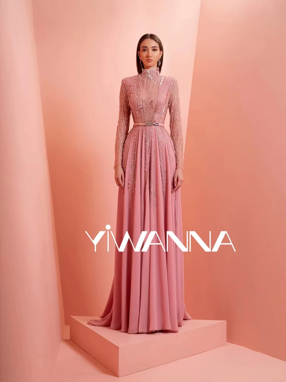 

Великолепное вечернее платье с длинными рукавами и бисером, скромное шифоновое платье с высоким воротником, свадебное платье, изящные платья для выпускного вечера трапециевидной формы по индивидуальному заказу