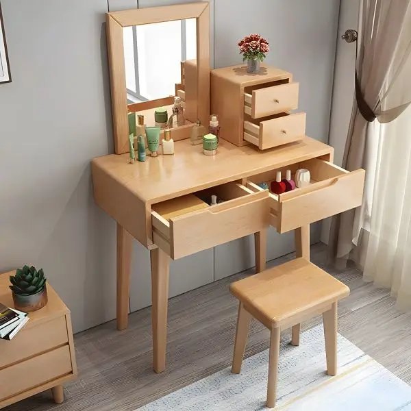 Modern Makeup Vanity Table Set With Mirror Wood Dressing Desk With Drawers & Shelves For Bedroom Home Office Or Apartment