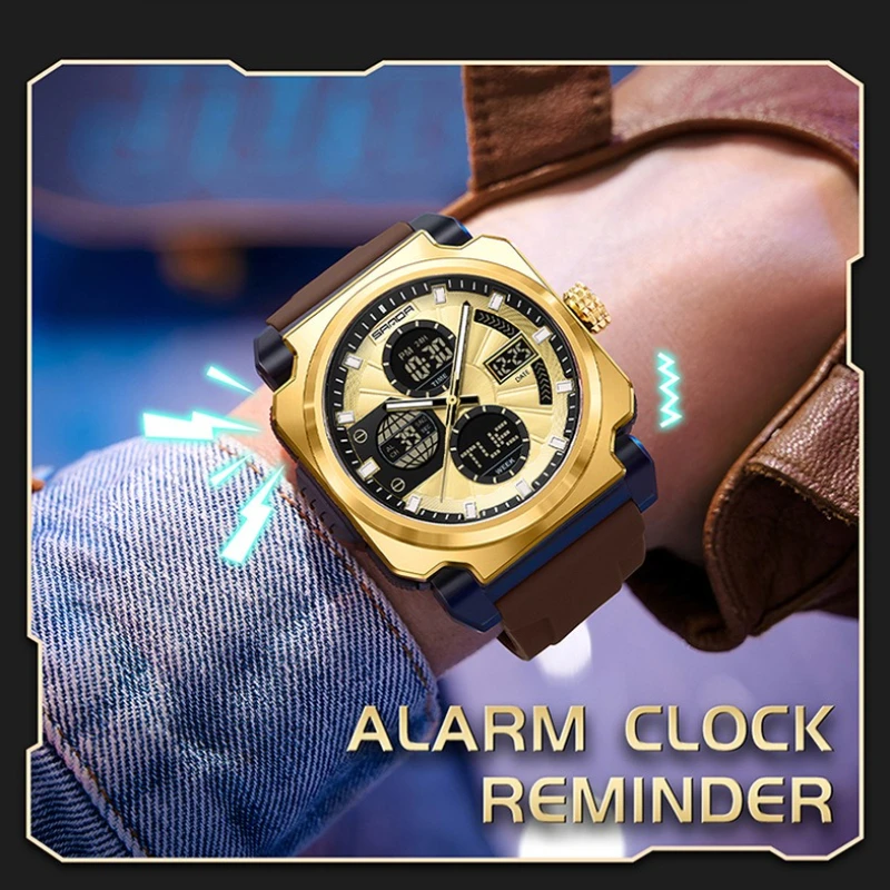 SANDA 3377 Leisure Dual Display Men's Watch Sports Multi Functional Waterproof Luminous Fashion Quartz Watches for Men Relojes