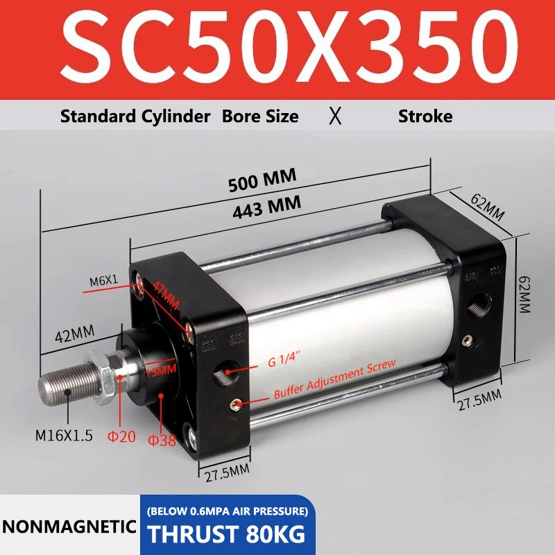 ABILKEEN SC50X350 Standard Pneumatic Cylinder 50mm Bore Size X 350 MM Stroke Double Acting Air Standard Cylinder