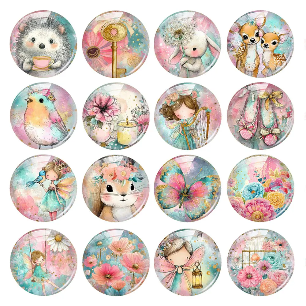 Random Mixed Round/Oval/Square Pink Blue Forest Elves Flower Photo Glass Cabochon Flatback Demo Cameo For Diy Jewelry Making