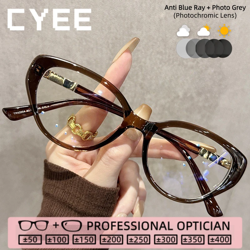 

CYEE Vintage Cat Eye TR90 Anti Blue Ray Reading Eyeglasses Photochromic Myopia Glasses Customized Prescription Optical Eyewear