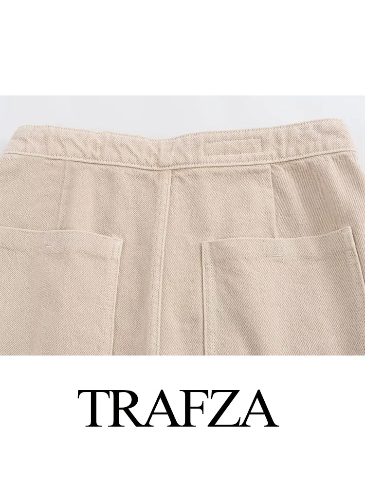 Trafza-エレガントなショートデニムスカート,ハイウエスト,ボタンポケット付き,2色,夏
