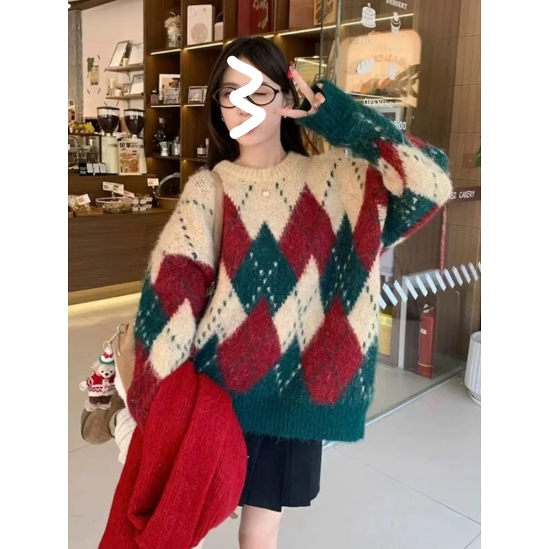 

Red Knitted Loose Fit Sweater Women's Autumn Winter New Year Fashion Diamond Pattern Slimming Top Commute Style Polyester Fiber