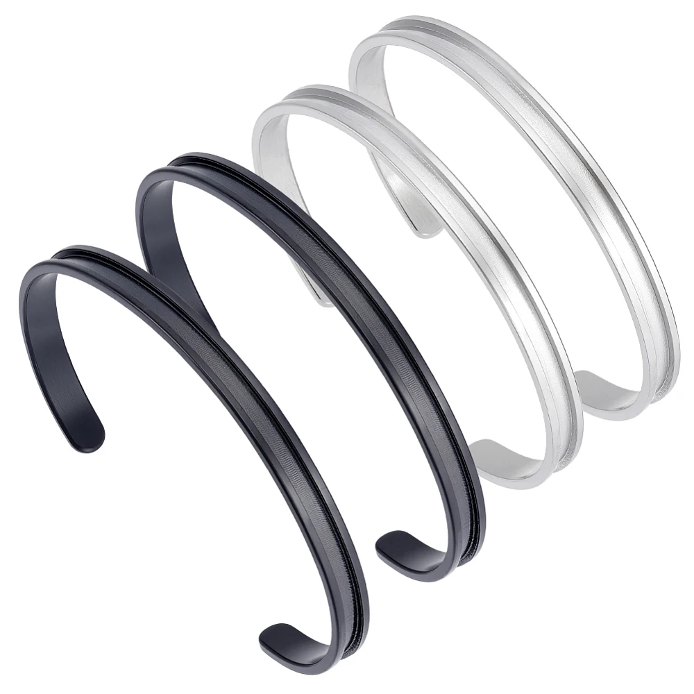 4Pcs 2 Colors C-Shaped 201 Stainless Steel Grooved Cuff Bangles for DIY Electroplated Leather Inlay