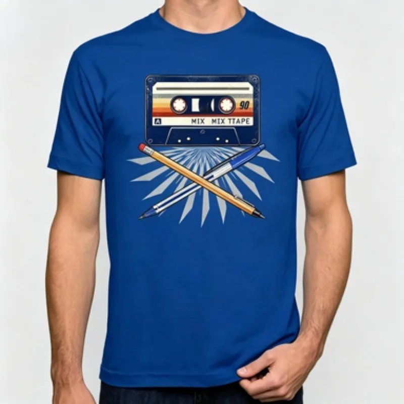 Soft Cotton Male T-shirt Nostalgic 90 Mixtape Tape & Cross Pencil Design Retro Radial Background  O-neck Daily Cotton Tee Top