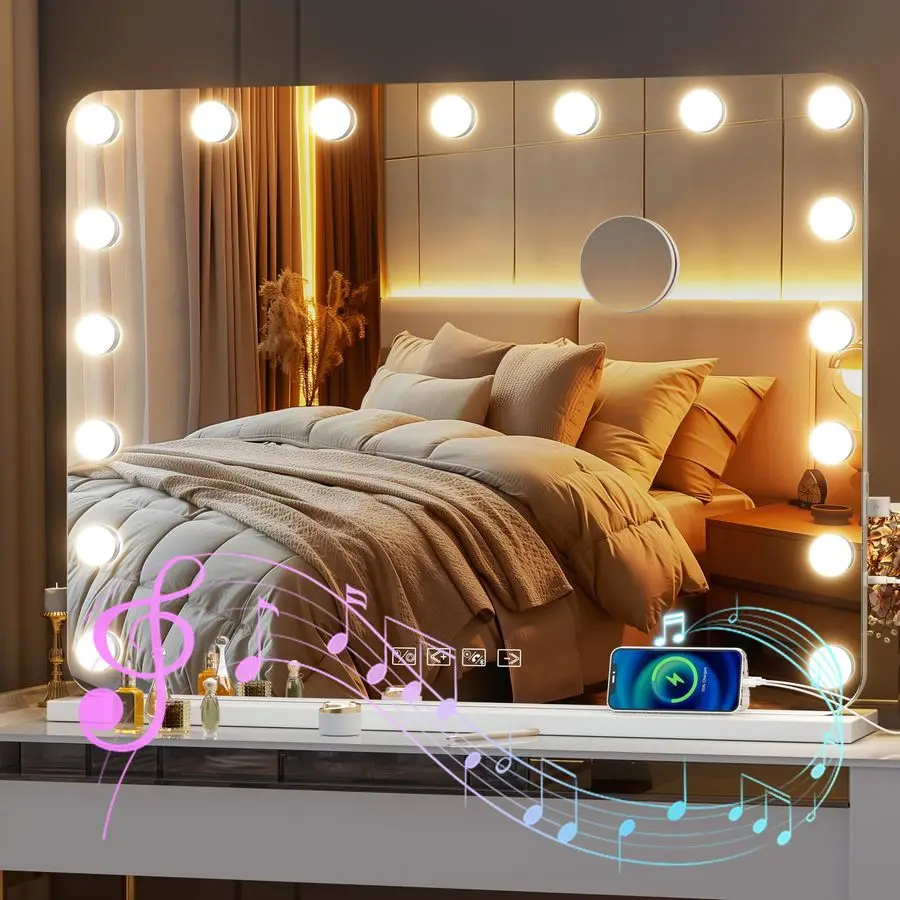 

Vanity Mirror with Lights and Bluetooth Speaker, 31.5 x 23.6 Hollywood Mirror, Makeup Mirror with 17 Dimmable Bulbs and 10X Magn
