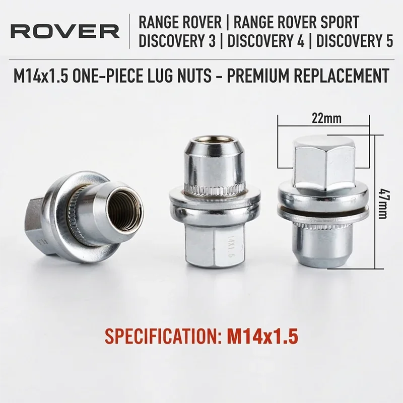 M14x1.5 Solid One-Piece Wheel Lug Nuts for Land Rover Range Rover Sport Discovery 3 4 5 Silver Wheel Hub Nut Caps 22mm
