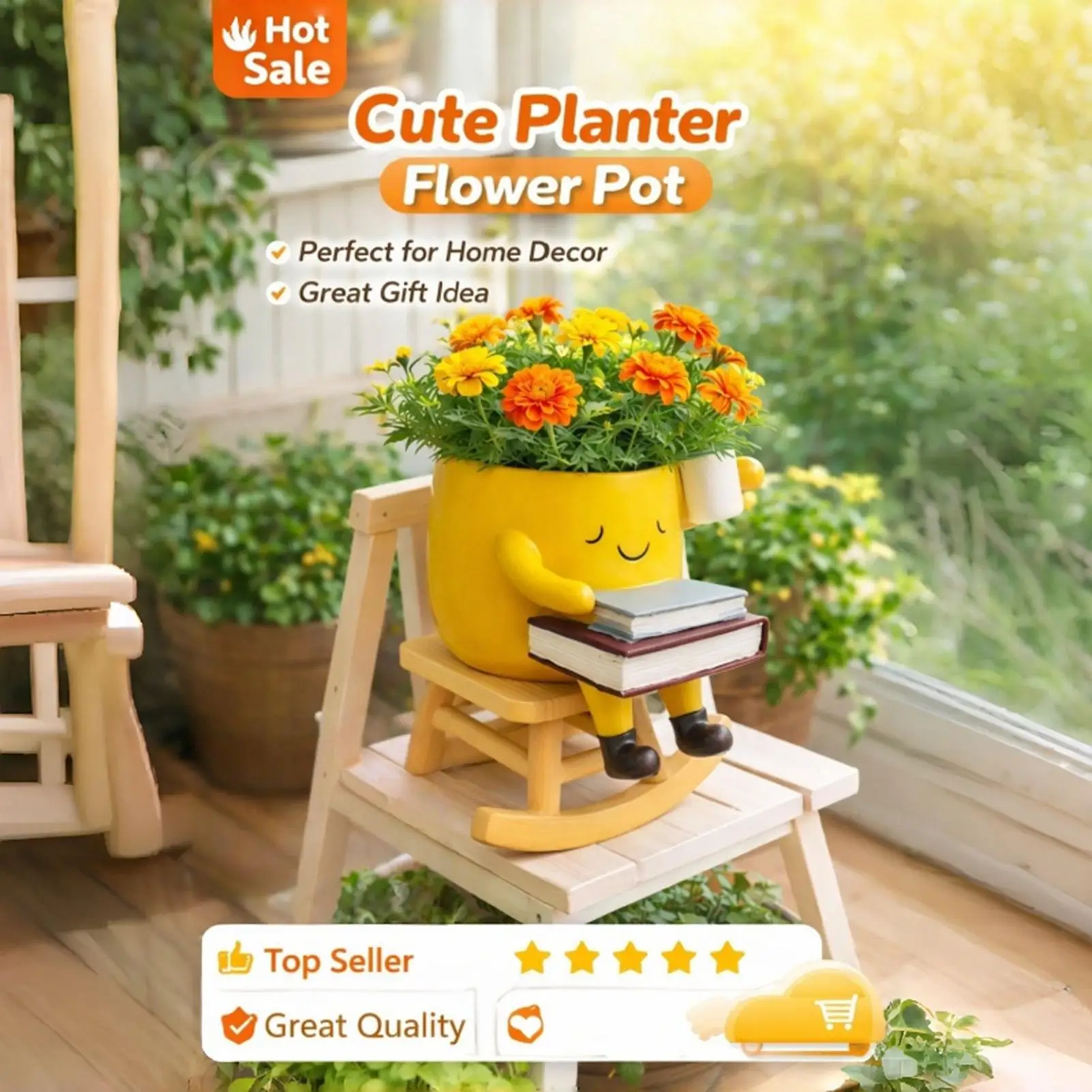 Face Planter Cute Resin Smile Design Vase with Drainage Hole Rocking Chair Face Planter Pot for Indoor Outdoor Garden Home