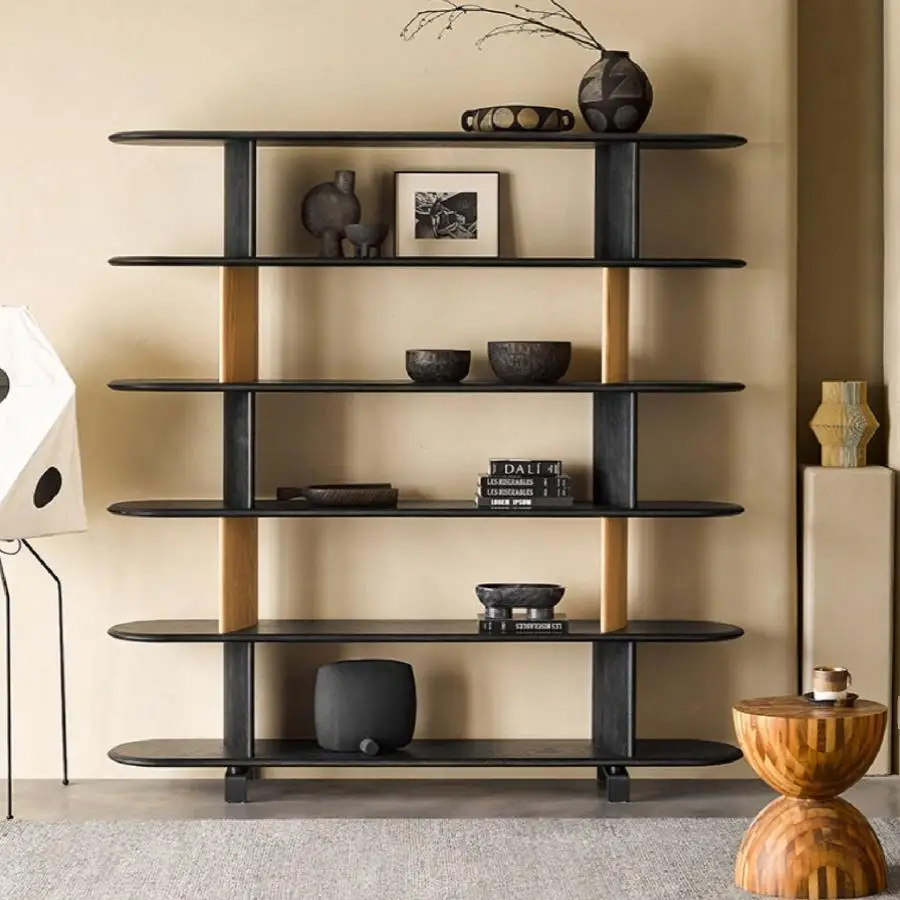 

Minimalist all-solid wood display bookcase Home living room Multi-layer floor-to-ceiling cabinet Wall storage Black bookshelf Re